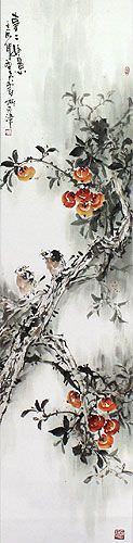 Birds and Flowers Wall Scroll close up view