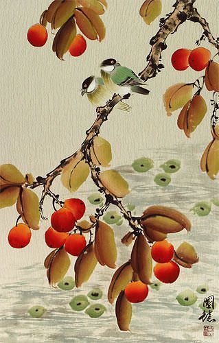Birds and Loquat Fruit Wall Scroll close up view