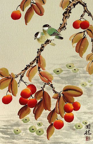 Birds and Loquat Fruit Wall Scroll close up view