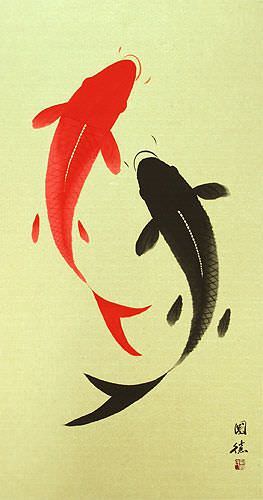 Yin Yang Koi Fish Large Oriental Scroll close up view