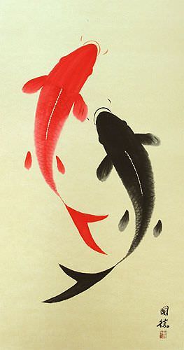 Yin Yang Koi Fish Large Chinese Scroll close up view