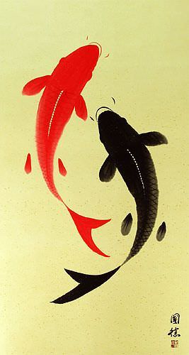 Yin Yang Koi Fish Big Chinese Scroll close up view