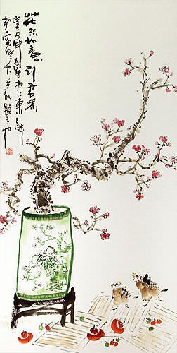 Large Plum Blossom Poetry Wall Scroll close up view