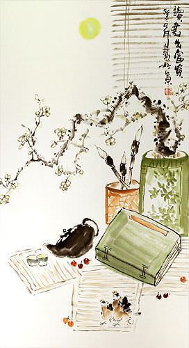 Traditional Antique-Style Plum Blossom Still Life - Large Wall Scroll close up view