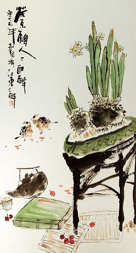 Traditional Antique-Style Bonsai/Penzai Still Life - Large Wall Scroll close up view