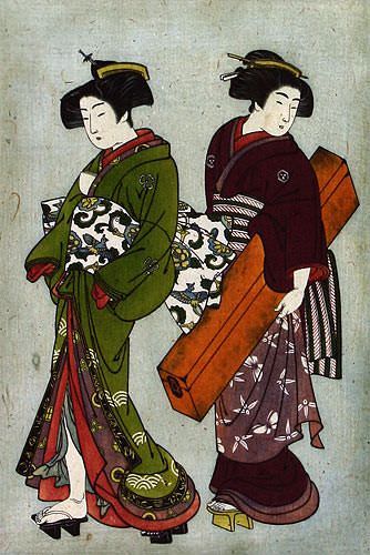 Geisha & Servant Carrying a Shamisen Box - Japanese Print - Wall Scroll close up view