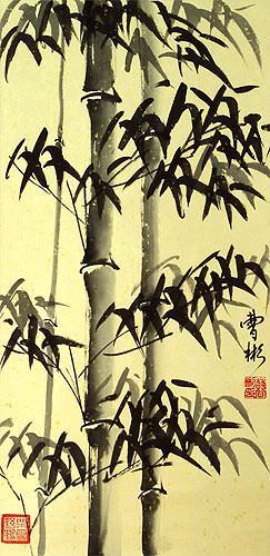 Chinese Black Ink Bamboo - Short Wall Scroll close up view