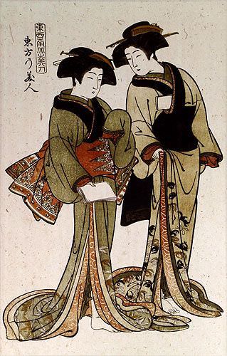 Beauties of the East - Japanese Woodblock Print Repro - Large Wall Scroll close up view