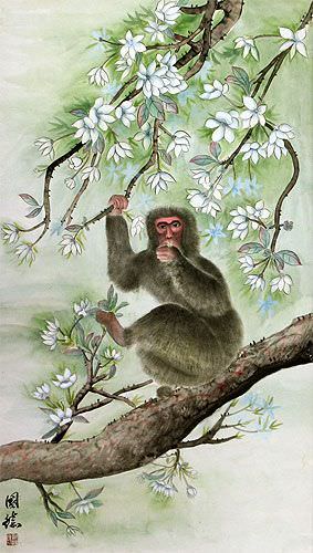 Chinese Monkey - Large Wall Scroll close up view