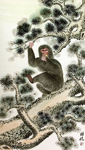 Monkey in Pine Tree - Asian Scroll close up view