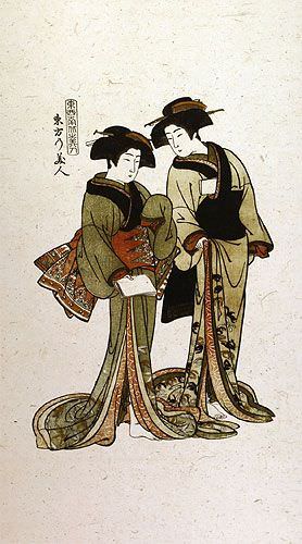 Beauties of the East - Japanese Woodblock Print Repro - Very Large Wall Scroll close up view