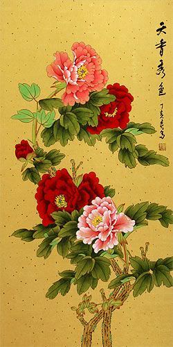 Heavenly Fragrance and Beauty - Peony Flower Wall Scroll close up view