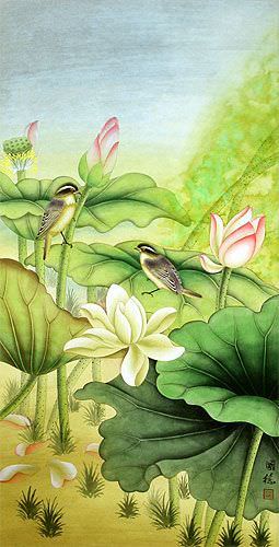 Asian Birds and Lotus Wall Scroll close up view