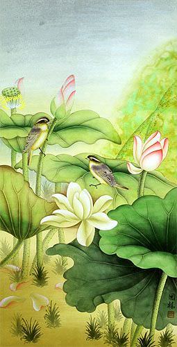 Beautiful Lotus and Little Birds Wall Scroll close up view