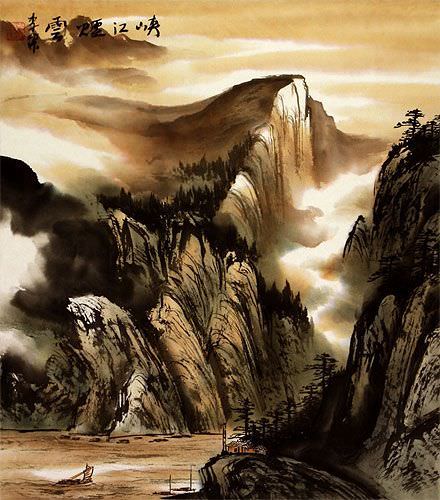 Clouds of Xiajiang - Chinese Landscape Wall Scroll close up view