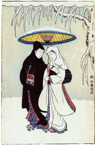 Lovers in the Snow - Japanese Woodblock Print Repro - Wall Scroll close up view