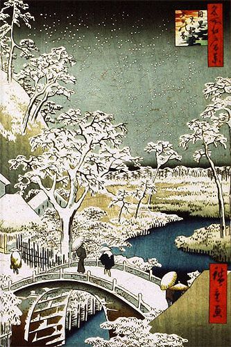 Bridge Landscape - Japanese Woodblock Print Repro - Wall Scroll close up view