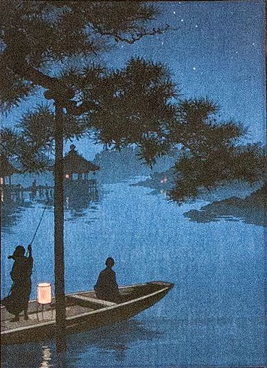 Shubi Pine Night Boat - Japanese Woodblock Print Repro - Wall Scroll close up view