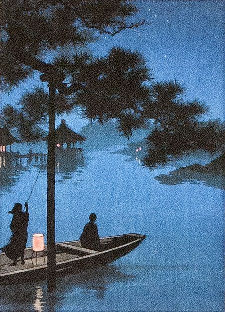 Shubi Pine at Lake Biwa - Japanese Woodblock Print Repro - Wall Scroll close up view