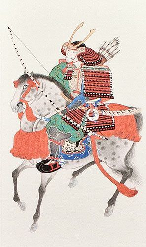 Samurai Warrior on Horseback- Japanese Woodblock Print Repro - Wall Scroll close up view