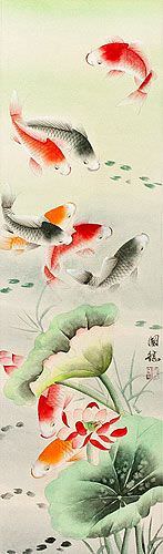 Koi Fish & Lotus Flower - Chinese Scroll close up view