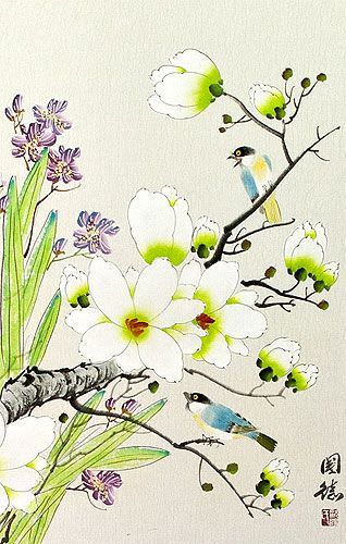 Bird & Flower Wall Scroll close up view