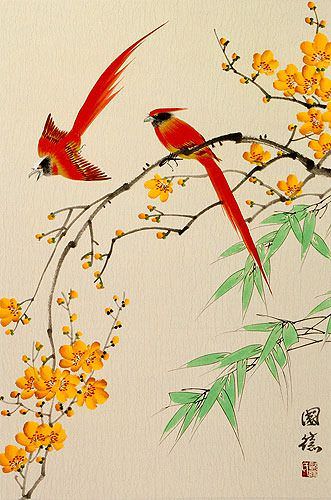 Red Cardinals and Yellow Plum Blossom Wall Scroll close up view