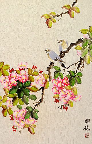 Birds & Flowers Wall Scroll close up view