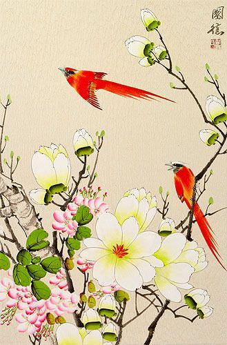 Red Cardinals and Bright Flowers Wall Scroll close up view