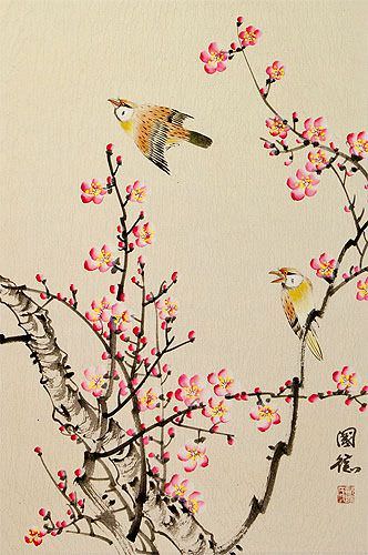 Birds and Bright Pink Plum Blossom Wall Scroll close up view