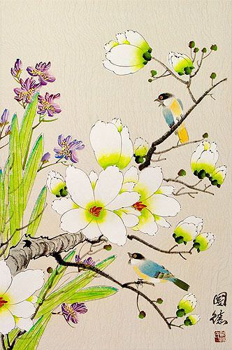 Bird & Flower Painting on Wall Scroll close up view