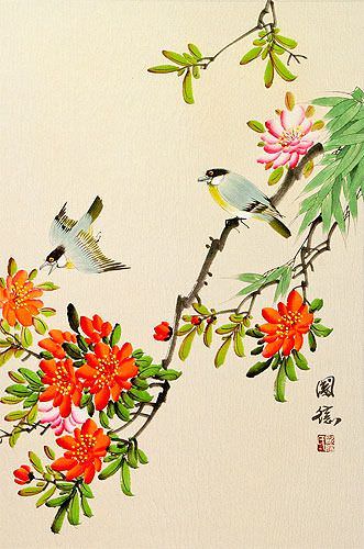 Birds & Flowers Wall Scroll close up view