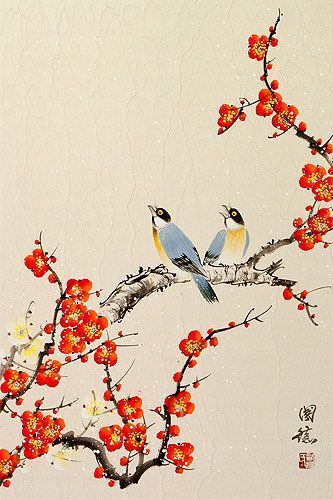 Birds & Bright Red-Orange Plum Blossom Wall Scroll close up view