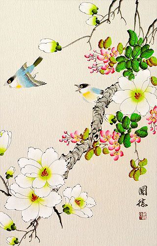 Two Birds and Flower Wall Scroll close up view