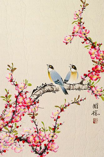 Birds and Bright Red-Pink Plum Blossom Wall Scroll close up view