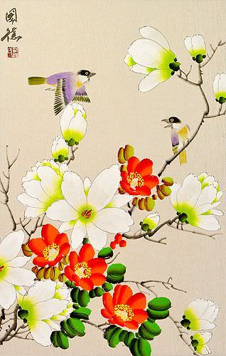 Birds and Flower Wall Scroll close up view