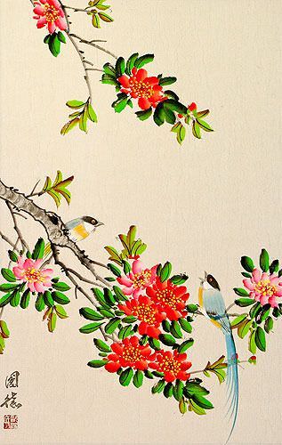 Bird and Flower Chinese Scroll close up view