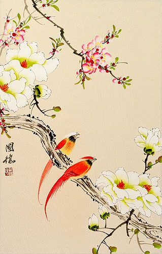 Cardinal Birds and Flowers Wall Scroll close up view
