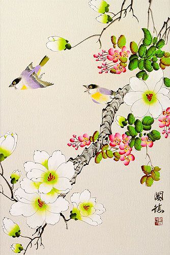 Birds and Flowers Wall Scroll close up view