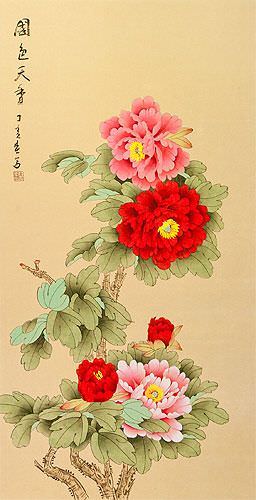 Large Red and Pink Peony Flower Wall Scroll close up view