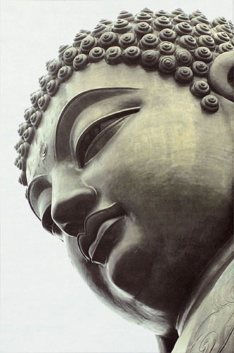 Face of Buddha Statue Wall Scroll close up view