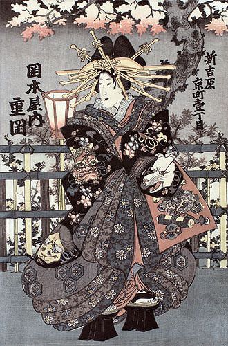 Shigeoka Geisha - Japanese Woodblock Print Repro - Wall Scroll close up view