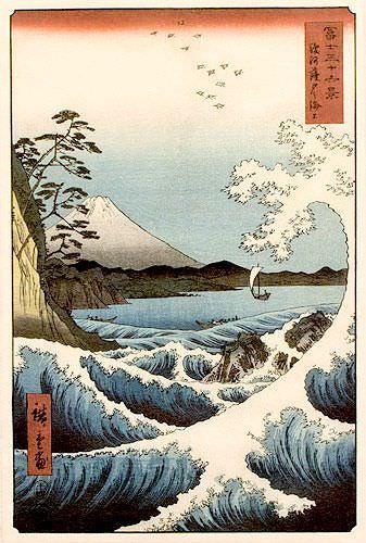 Mount Fuji Waves Landscape - Japanese Woodblock Print Repro - Wall Scroll close up view