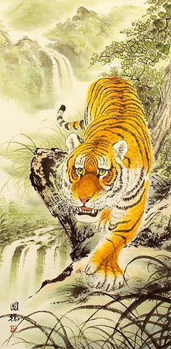 Prowling Chinese Tiger Wall Scroll close up view