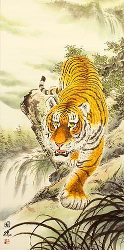 Chinese Tiger Wall Scroll close up view