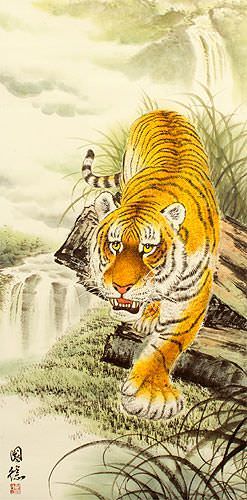 Asian Tiger on the Prowl - Large Wall Scroll close up view