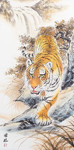 Chinese Tiger Wall Scroll close up view