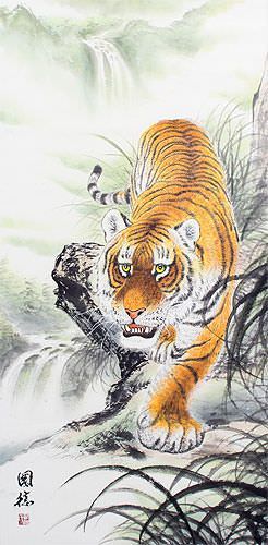 Chinese Tiger Wall Scroll close up view