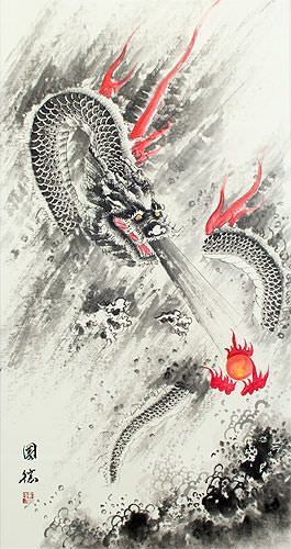 Flying Chinese Dragon Lightning Pearl - Asian Scroll close up view