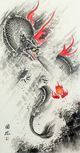Flying Chinese Dragon Lightning Pearl - Asian Scroll close up view